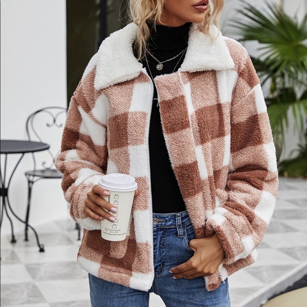 Brown white plaid collar pocket fall teddy coat - Picture 1 of 6